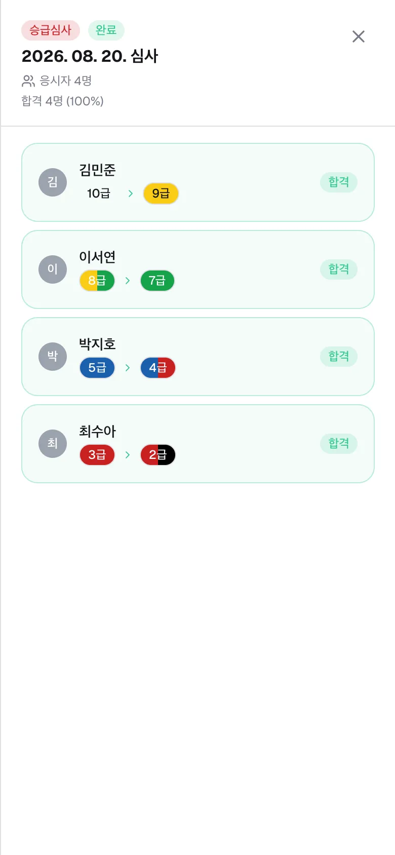심사 상세 — 합격 학생과 자동 띠 승급 표시